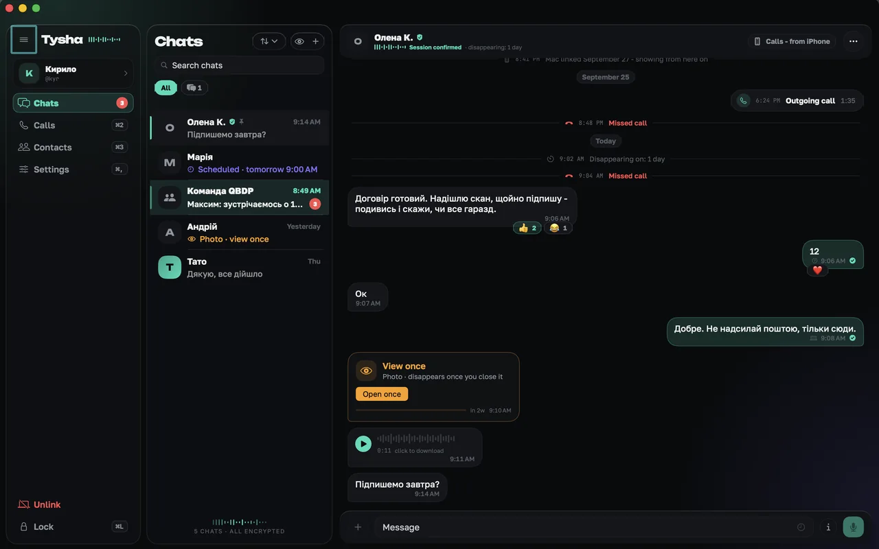 Tysha on Mac: the sidebar, the chat list and the conversation