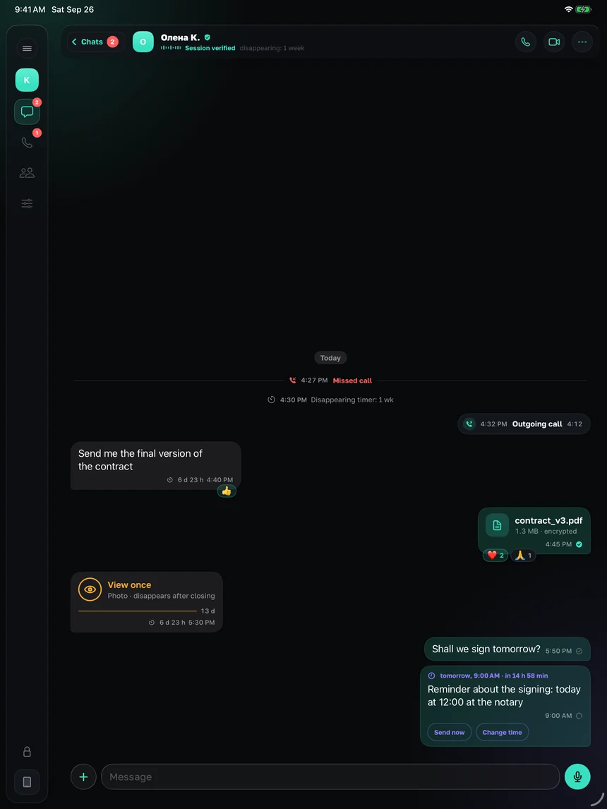 Tysha on iPad: the chat list on the left, the conversation on the right