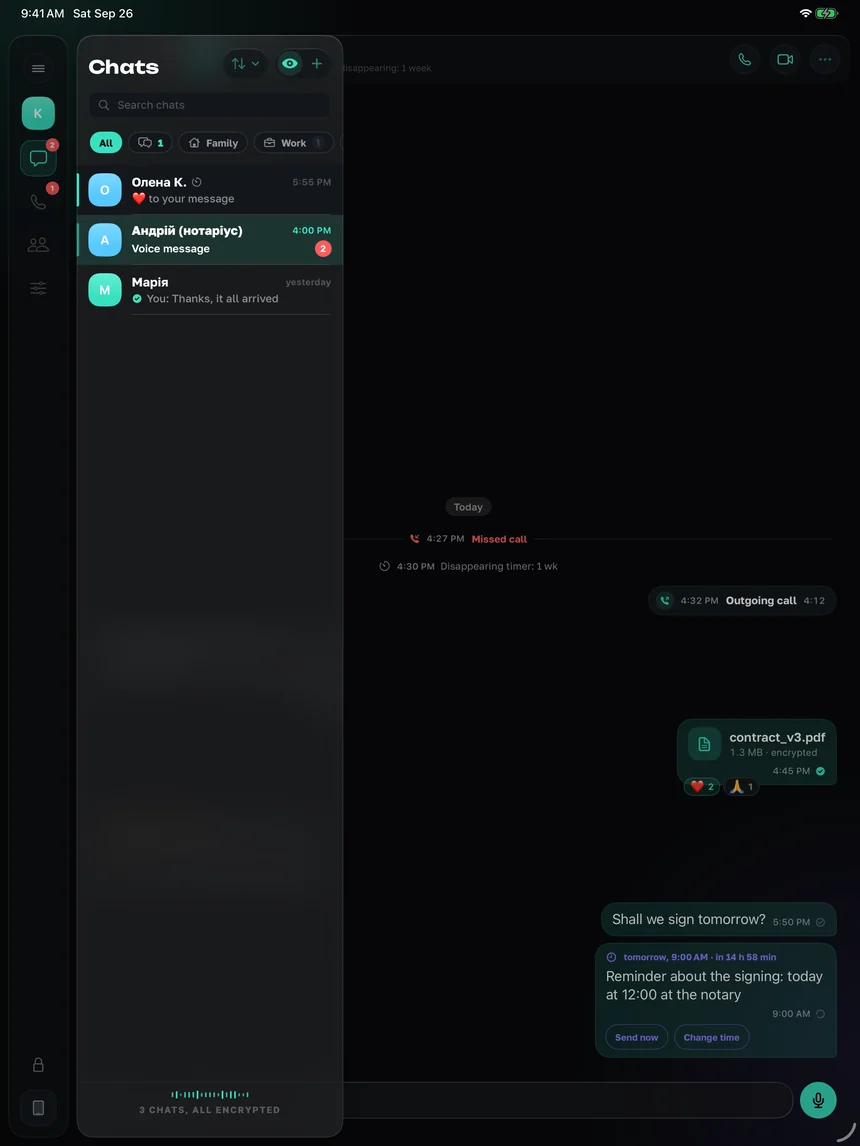 The chat list in Tysha on iPad
