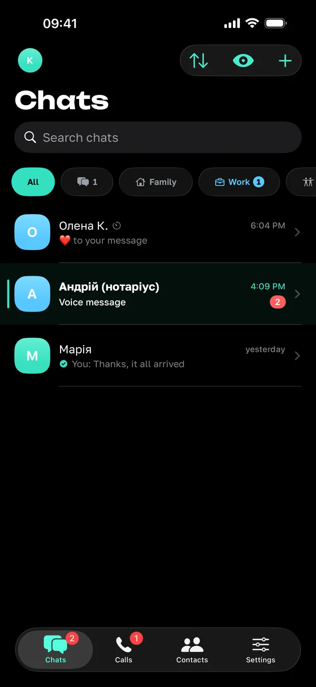 The chat list in Tysha: search, the labels Family, Work and Friends, three conversations