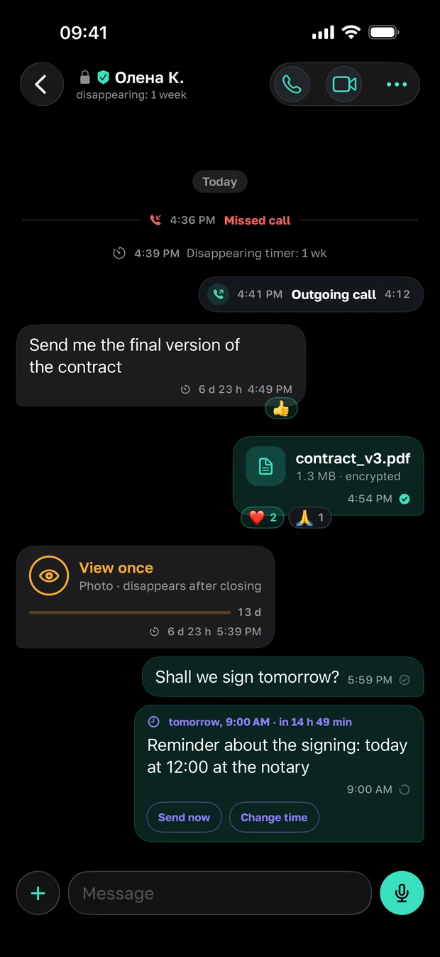 A conversation in Tysha: a document, a view-once photo and a scheduled message