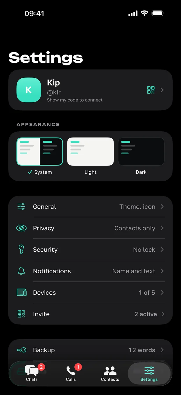 Tysha settings: appearance, privacy, security, devices 1 of 5
