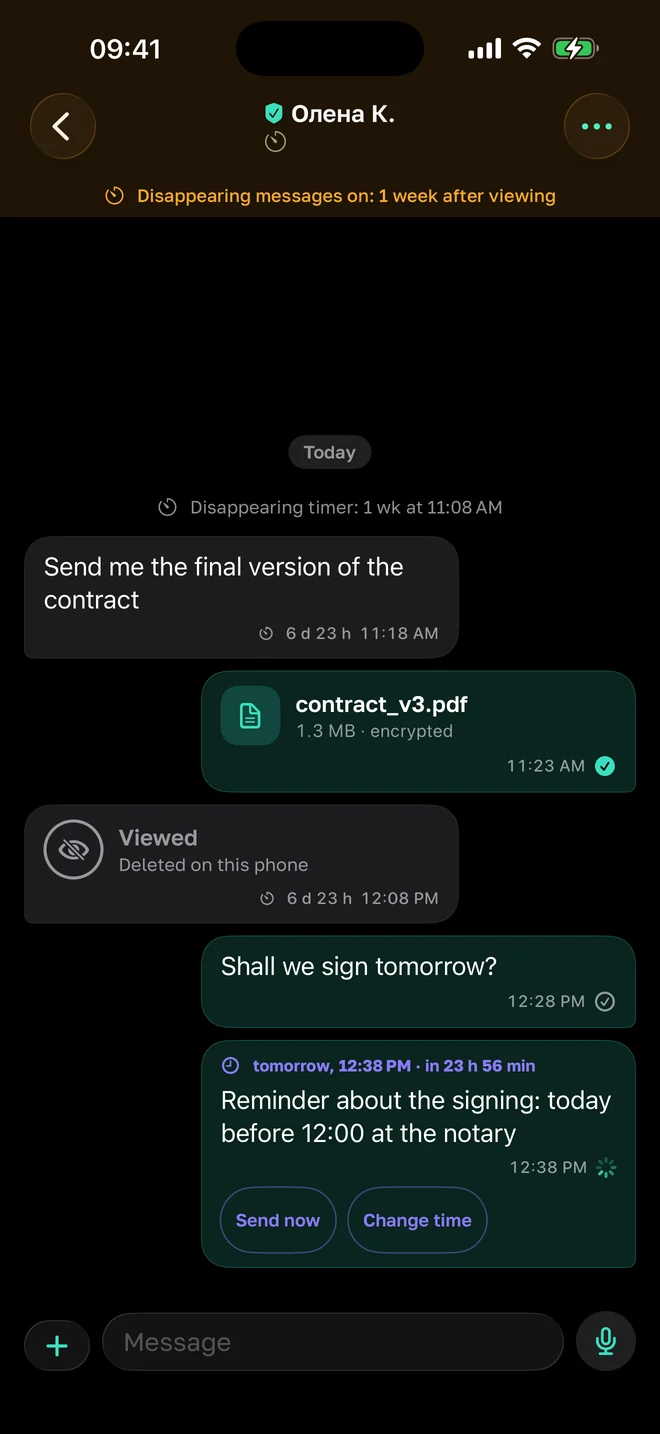 A conversation in Tysha after a view-once: the row says viewed, deleted on this phone