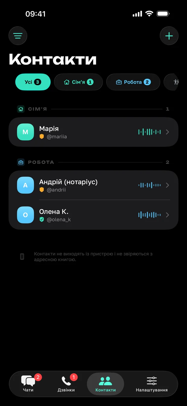 Список контактів у Тиші, згрупований за власними мітками